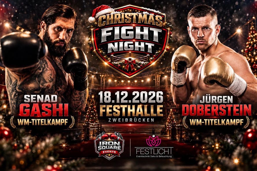 Plakat Christmas Fight Night: Senad Gashi gegen Jürgen Doberstein, WM-Titelkämpfe am 18.12.2026 in der Festhalle Zweibrücken